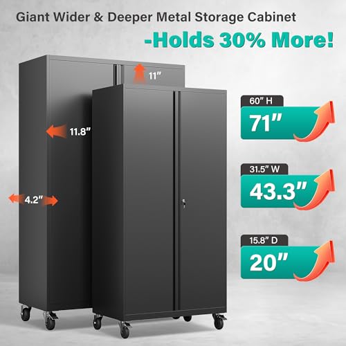 Image of SISESOL Wide & Deep Metal Storage Cabinet with Wheels,Tall Rolling Garage Storage Cabinet with Lock,Black Metal Cabinets with Pegboards and Shelves,Tool Locker for Garage,Home,Office,43''Wx 20''Dx71 inchH