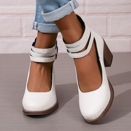 Womens Chunky Heel Strappy Pumps Chunky Low Block Heels Close Round Toe Dress Shoes with Ankle Strap Dress Party Shoes4