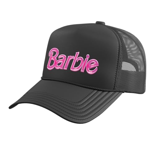 Barbie Pink Block Logo Trucker Hat with Adjustable Mesh Back Black