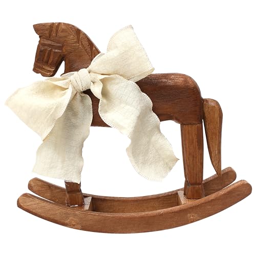 Wooden Horse, Rocking Horse Decor, Vintage Statue with Ribbon for Cake Topper, Desk Centerpiece, Unique Decorative Collectible Figurine Ornament for...