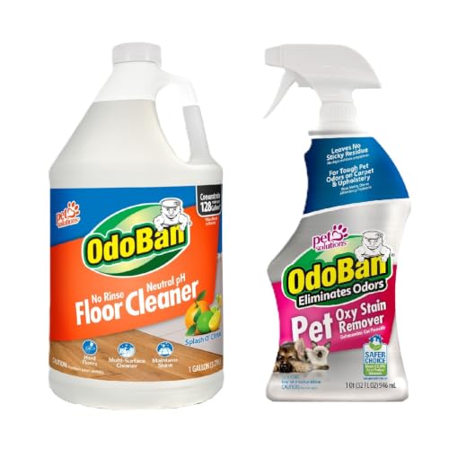 OdoBan Pet Solutions No Rinse Neutral pH Floor Cleaner Concentrate, Made in the USA, 1 Gallon, and Oxy Stain Remover, 32 Ounce Spray