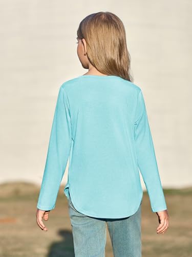 Image of Haloumoning Girls Long Sleeve T Shirts Kids Crewneck Tops 5-14 Years | Solid Color, Casual Loose Fit, Basic Tees, Curve Hem, Side Slit, Soft Tunic Tops, Fashion Clothes