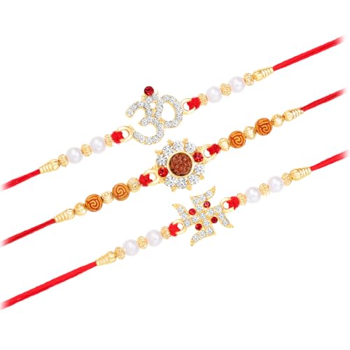 Image of Peora Om Shree Ram Swastik Rakhi for Brother Bhaiya | Crystal & Beads Studded | Red Thread | Raksha Bandhan Hamper with Roli Chawal Greeting Card