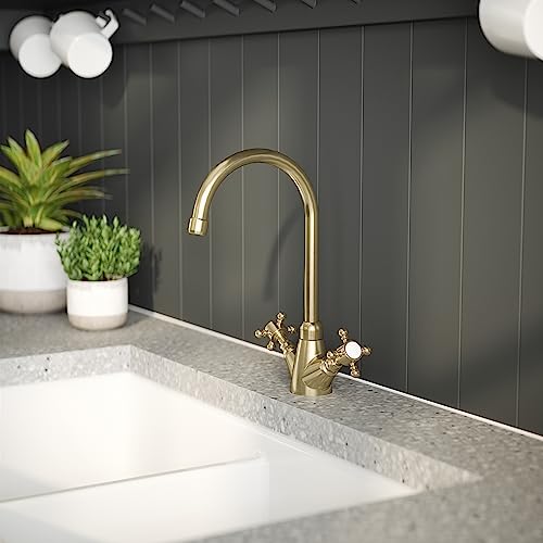 nuie KB803 Kitchen Taps Traditional Mono Mixer Kitchen Tap with Crosshead Handles, 320mm, Brushed Brass - Image 3