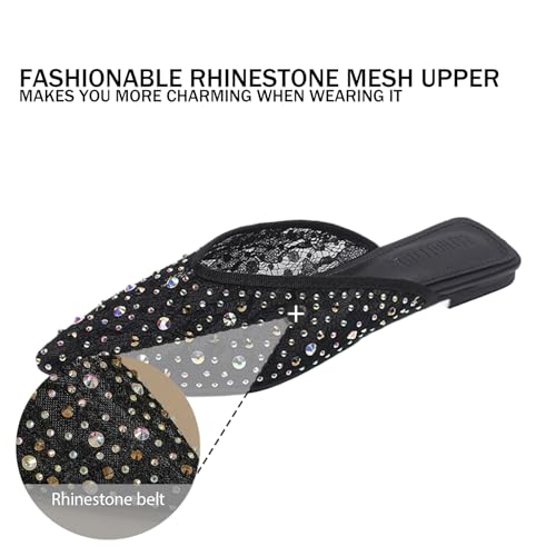 Women's Mesh Rhinestone Flat Mules Sexy Shiny Pointed Toe Breathable Slip-On Slingback Fishnet Ballerina Flats Causal Comfortable Daily Dress Shoes3