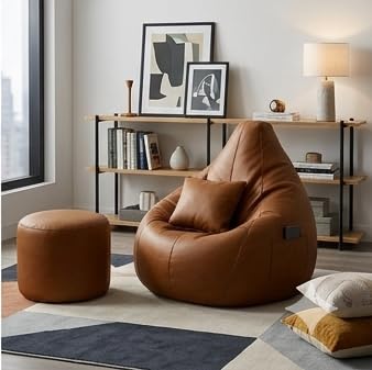 G B Traders Bean Bag Chair Cover with Footrest & Pillow | Gaming Seat with Side Pocket | Premium Leatherette, Washable Double Stitch | Brown (No Beans) (Brown, XL)-image-33