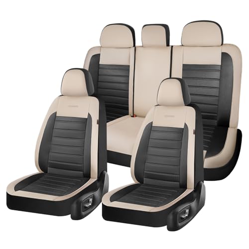 Image of Coverado Car Seat Covers Full Set, Luxury Leather Car Seat Covers, Automotive Front and Rear Mesh Seat Covers, Full Set 5 Seats, Black Beige Seat Covers for SUV Sedan Truck
