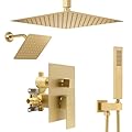 NPYSVSSS Shower System Dual Shower Heads with 12" Ceiling Mounted Rain Shower Head & 6" Wall Mounted Head Full Body Luxury Rain Shower System 3 Way Pressure Balance Valve Kit, Brushed Gold