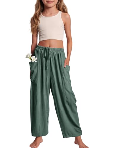Image of COZYPOIN Girl's Wide Leg Pants Elastic Waist Loose Fit Flowy Casual Beach Palazzo Harem Trousers with Pockets 5-14 Y