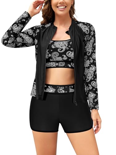 Maillot de bain 3 pièces femme avec short soutien-gorge manches longues zip