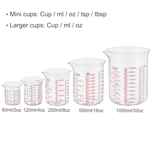 Image of Ackers High Borosilicate Glass Measuring Cup Set with Pour Spout,60ml(2OZ),120ml(4OZ), 250ml(8OZ), 500ml(16OZ), 1000ml(32OZ) Glass Measuring Beaker for Kitchen or Restaurant, Easy to Read
