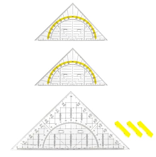 3 Stück Geodreieck mit Griff, 1x22,5cm Groß und 2x15,7cm Klein, Multifunktionales Zeichendreieck mit Winkelmesser, Für Studenten Büro Designer Professionelle Zeichnung Malerei