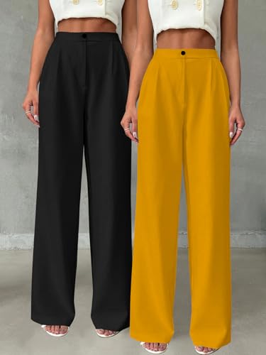 Image of Toochki Trousers for Woman Pants Women's Formal Office Korean | Beige Track Pant | Straight | Cotton Spandex Stretchable Trouser | High-Waisted Bottom Wear | Pack of 2 Combo