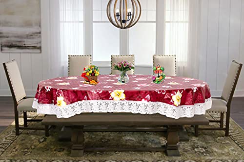 Image of The Furnishing Tree Waterproof PVC Oval Shaped 10 Seater Table Cover WxL 60x120 inches Floral Pattern Red with White Border lace