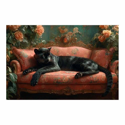 Toile léopard noir et canapé floral rose solution idéale pour raviver un mur vide