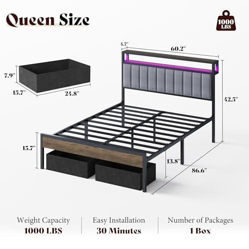 Image of AMERLIFE Queen Bed Frame with LED Lights & 2-Tier Storage Headboard | Grey, 2 Storage Drawers, Metal Platform Frame, Velvet Upholstery, Heavy-Duty Slats, No Box Spring, Easy Assembly