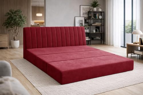 Image of Three-Seater Convertible Floor Sofa Bed Modern Velvet Fabric Folding Couch for Living Room, Guest Room & Small Spaces-Red