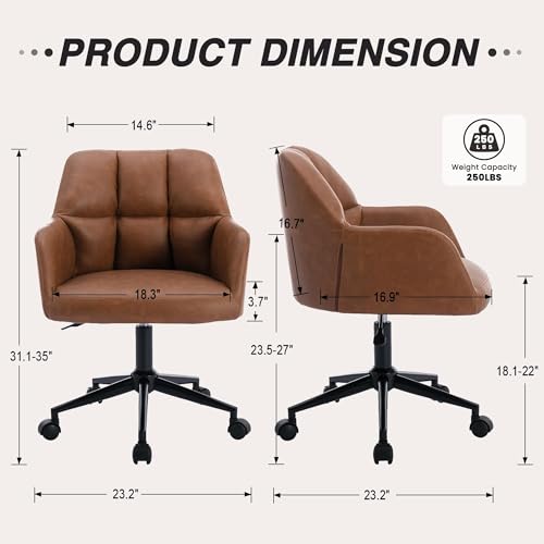 Image of HNY Modern PU Leather Office Desk Chair, Height Adjustable Comfy Swivel Vanity Make up Chair with Wheels for Living Room Home Office Computer, Brown