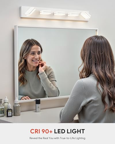 Image of VONLUCE Bathroom Vanity Light Fixture, 5-Light Modern LED Vanity Light, 3CCT Adjustable Bathroom Lights with Memory Function Rotatable Shades, 34 inch Wall Lighting Fixture Over Mirror, Matte White