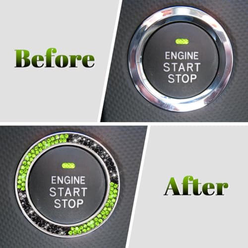 Image of ToBeQueen Bling Black Green Push Start Button Cover Emblem Sticker, Crystal Diamond Rhinestone Start Button Ring Car Decor, Green and Black Car Accessories for Women
