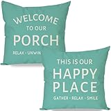 HERHOME Outdoor Farmhouse Decorative Throw Pillow Covers 18x18 Inch Set of 2 Welcome to Our Porch This is Our Happy Place Turquoise Beach Cushion Case Decoration for Couch Patio Furniture Decor