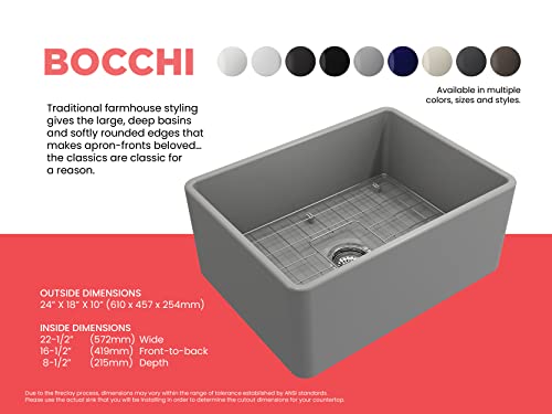 Bocchi Classico Farmhouse Apron Front Fireclay 24 In. Single Bowl Kitchen Sink With Protective Bottom Grid And Strainer In M.gray #TOP4