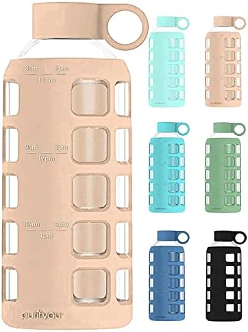 purifyou Premium 40/32 / 22/12 oz Glass Water Bottles with Volume & Times to Drink, Silicone Sleeve & Stainless Steel Lid Insert, Reusable Bottle for Fridge Water, Milk, Juice (22oz Hazelnut)
