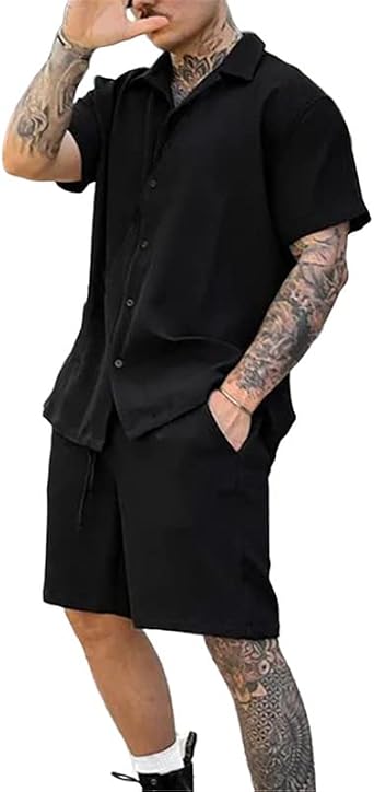 KISSQIQI Mens Cotton Shirts and Shorts 2 Pieces Lapel Button Down Shirt Set Casual Vacation Beach Outfits
