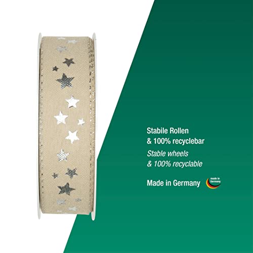 Halbach Seidenbänder Christmas Ribbon 25mm x 18m - Linen with Silver Stars and Lurex Edges - Polyester, 25 mm x 18 m - Image 3