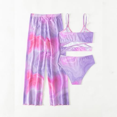 Girls 3 Pieces Bathing Suit Tropical Print Bikini Set Kids Qui𝐜k Dry Swimwear Cover-Up with Rash Guard Pants2