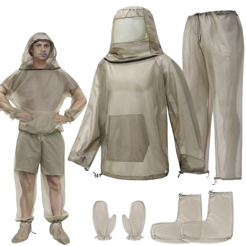 Mosquito Bug Suit for Men Women, 4 Pcs Full Body Mosquito Net Suit Including Mosquito Jacket with Hood, Pants, Gloves, Socks Breathable Mesh Mosquito Proof Clothing for Fishing, Hiking, Gardening