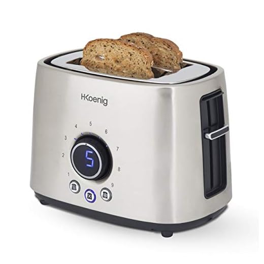H.Koenig TOS8 Tostador doble, Tostadora 2 Ranuras Anchas, Pantalla LED, Potencia 1000W, 9 Niveles de Tostado, Bandeja de Migas Extraíble, Diseño Elegante en Acero Inoxidable, 27.8 x 18.4 x 19.6 Cm