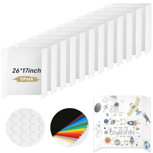 PSHVYM 12 Pcs Medium Trifold Poster Board, 26 x 17 inches with Double Sided Tapes and Cardboard, Corrugated Presentation/Display Board for School Project, Science Fair, Business
