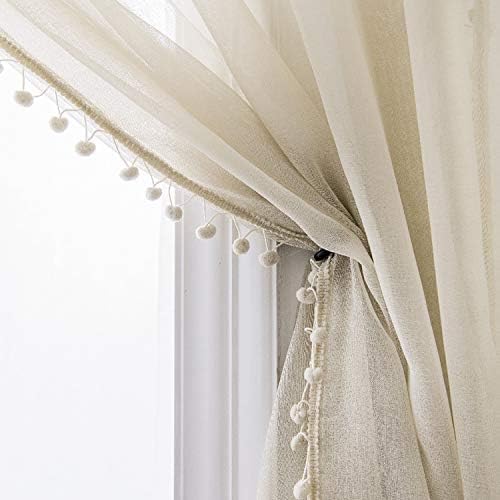 MISS SELECTEX Linen Look Pom Pom Tasseled Sheer Curtains - Rod Pocket Voile Semi-Sheer Curtains for Living and Bedroom, Set of 2 Curtain Panels (52 x 84 inch, Nature)