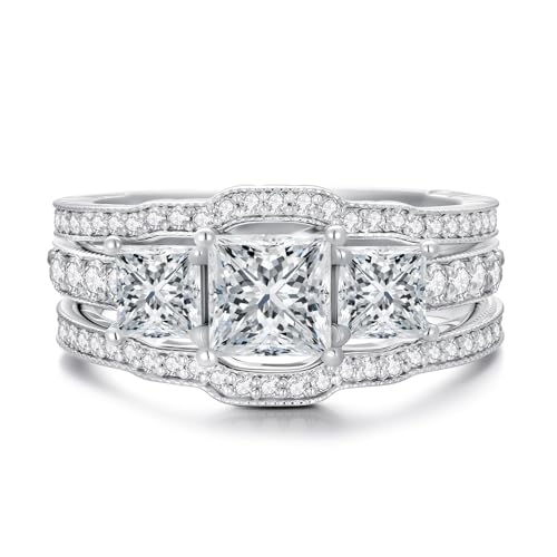 2.8 Ctw Moissanite Princess Cut Wedding Ring Set for Women White Gold 3 Pieces 3 Stone Bridal Ring Set Engagement Ring Set 10K 14K 18K Gold Bridal Set Anniversary Promise Rings for Her