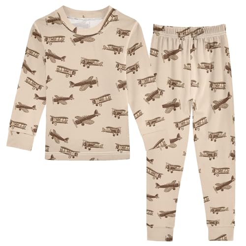 Retro Cartoon Airplane Cute Pajama Sets Long Sleeve Top and Pants, Snug Fit Sleepwear for Night Wears