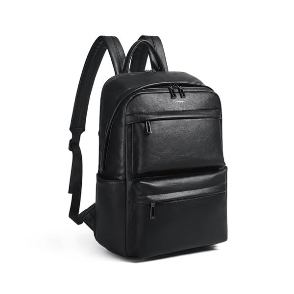 Vegan Leather Backpack for Women and Men, Fits 16.0 Inch Laptop, Multi-Pocket Design with Water Bottle and Luggage Strap, Ideal for Work, Travel, and Daily Use, Black