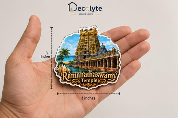 Image of Ramanathaswamy Temple Theme Wooden Fridge Magnet Souvenir | 3x3 in Kitchen Home Decor Gift