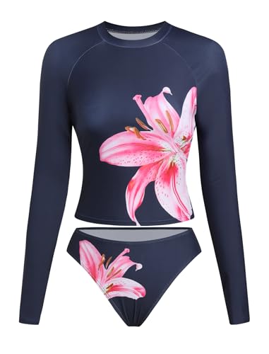 Image of ZAFUL Womens Rash Guard Swimsuits Long Sleeve Sun Protection Bathing Suit Tropical Swim Shirts with Briefs
