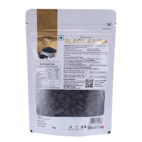 Image of KHARAWALA'S Afghani Black Raisins with Seeds - Pack of 3 (250gm Each) | Kali Kishmish | Munakka | Dry Fruits | Premium Abjosh | Healthy Nuts