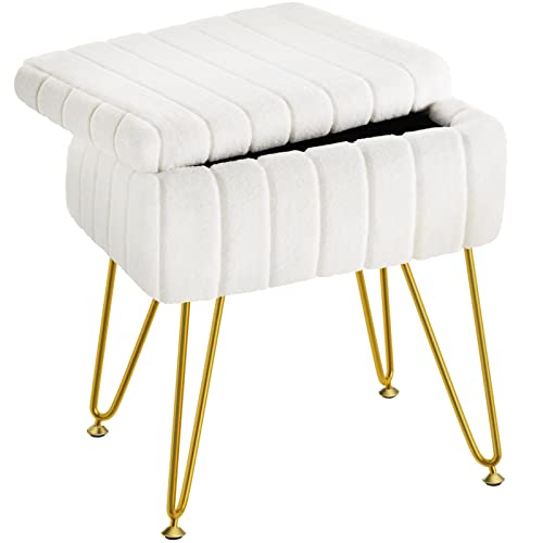 Greenstell Vanity Stool Chair Faux Fur With Storage, 15.7"L X 11.8"W X 19.4"H Soft Ottoman 4 Metal Legs With Anti-Slip Feet, Furry Padded Seat, Modern Multifunctional Chairs For Makeup, Bedroom White #TOP2