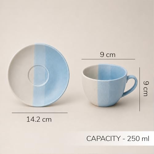 Image of The Earth Store TT Blue Ceramic Cappuccino Cup with Saucer Set of 4 | 250ML Coffee & Tea Cups | Microwave & Dishwasher Safe |Stylish Cups for Home, Cafe & Gifting