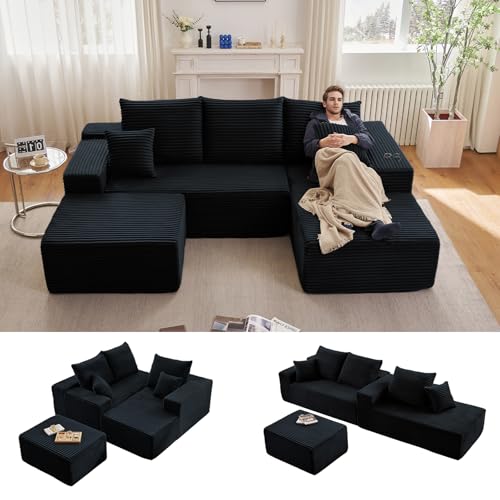 Image of 95 inch W Cloud Sectional Couch with Ottoman,Modern U-Shaped Cloud Couch with Deep Seat,Comfy Corduroy Sofa,Memory Foam Sofa for Living Room,No Assembly (Jet Black,Right-Facing Chaise)