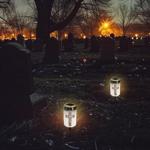 Image of Cross Light for Prayer Cemetery Solar Lights for Grave Cemetery Decor Candle Lamp Waterproof Solar Power Light Eternal Lights for Graves Cemetery Memorial Gift 2 Pcs