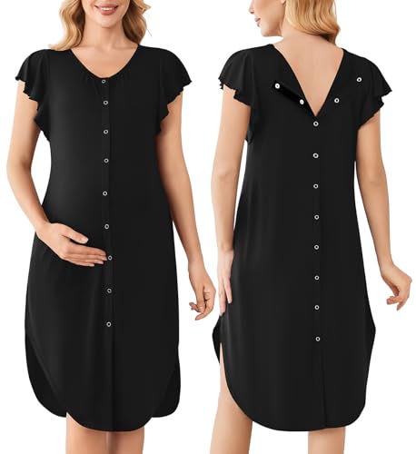 Image of Ekouaer Labor and Delivery Gown 3 in 1 Nursing/Hospital/Breastfeeding/Maternity Flying Short Sleeve Nightgown with Button
