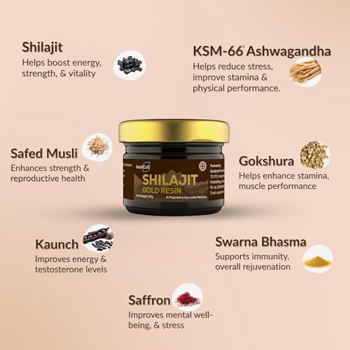 Image of Shilajit Gold Resin For Men & Women | With KSM-66 Ashwagandha, Safed Musli, Gokshura & Saffron | Shilajit For Men | Supports Muscle Recovery, Energy, Stamina, Vitality | 40 Gram (Pack of 2)
