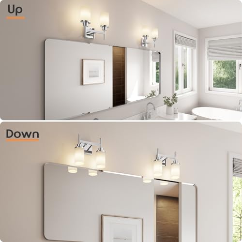 Image of Vanity Lights Polished Chrome Bathroom Light Fixtures with White Frosted Glass Shade, Double Wall Sconces for Mirror Hallway Entrance Porch T001CH-L2