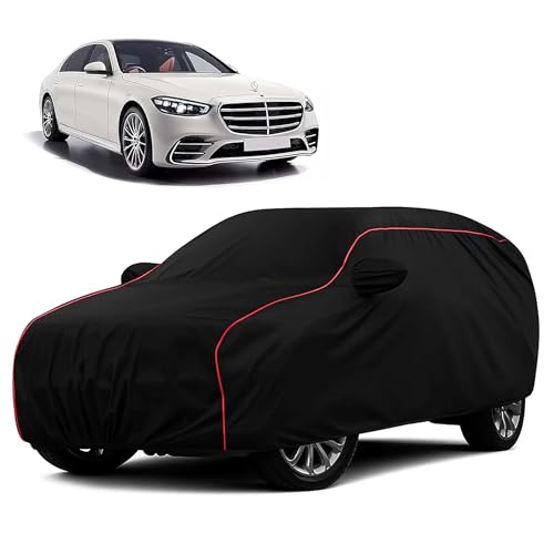 Sulfar 100% Water Resistant Car Body Cover Compatible with Mirror for Mercedes Benz S 350 (Triple Stitched, Full Bottom Elastic, Black with Red Piping)