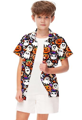 Image of Remimi Unisex Kids Halloween Shirt Boys Pumpkin Ghost Shirts Hawaii Button Up Tops 5-14 Years