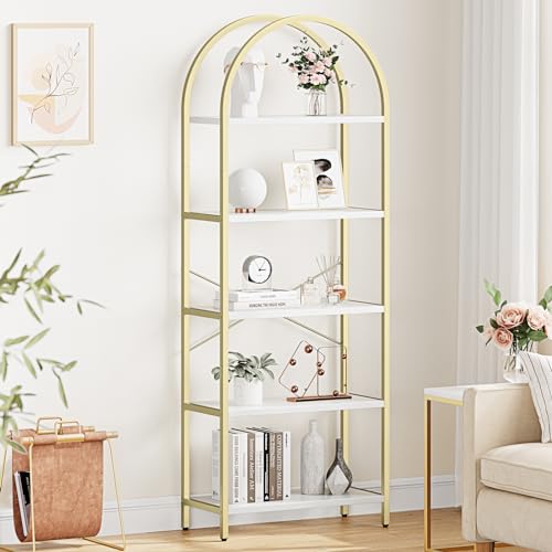 GAOMON Bookshelf Tall Arched Bookcase Modern Display Racks Standing Bookshelves Metal Frame 5 Tier Storage Rack Shelf Gold Book Shelf for Bedroom, Living Room, Home Office